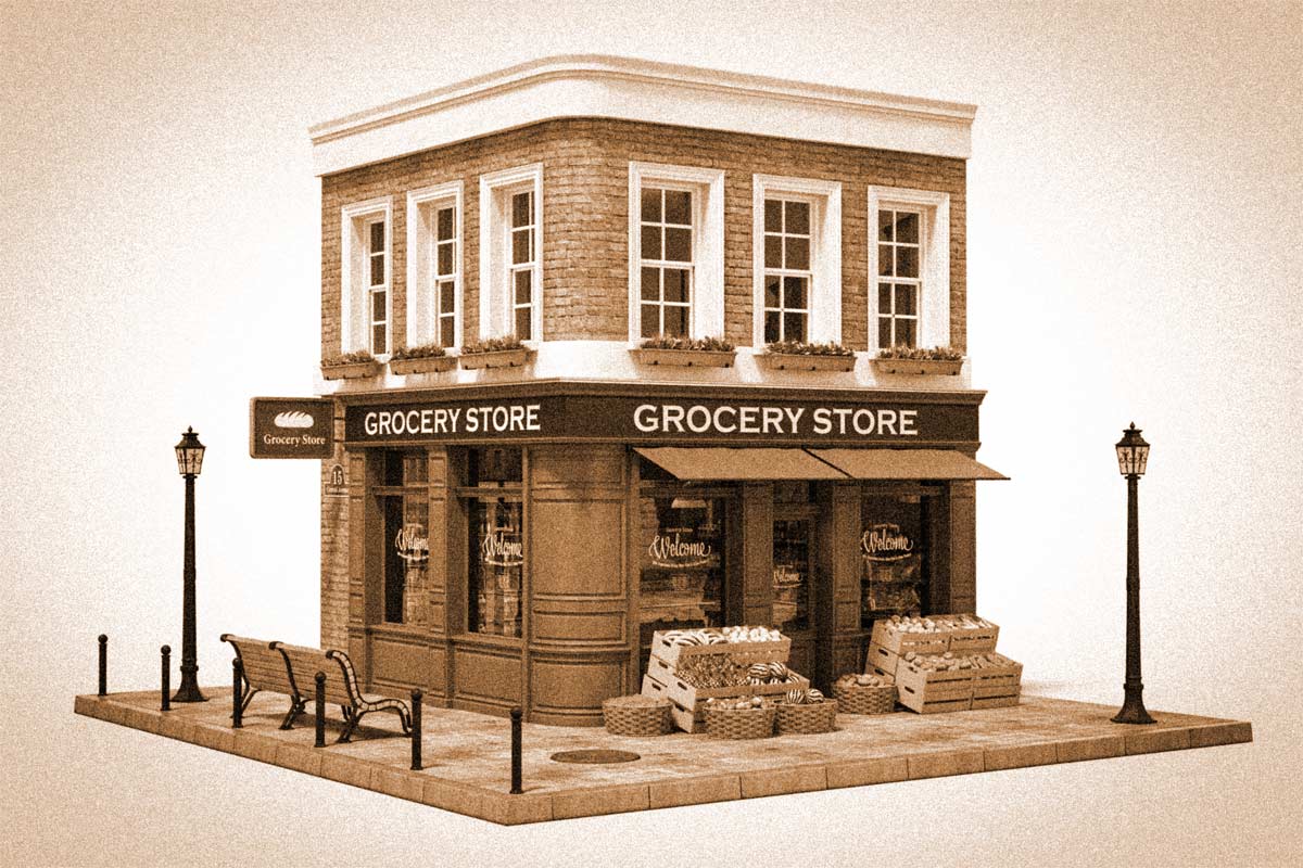 Old timey photograph of a grocery store