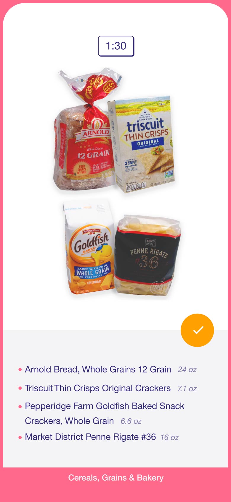 Cereals bundle number 1: whole grain Arnold brand bread, Triscuit thin crisps, Goldfish whole grain crackers, and penne rigate