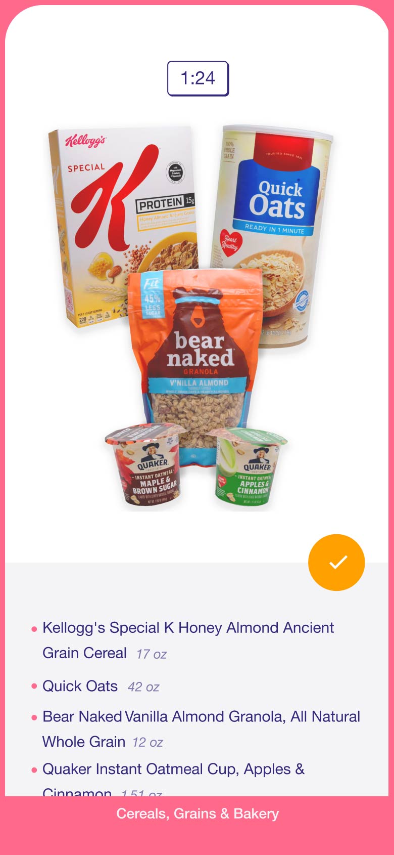 Cereals bundle number 3: Specia K cereal, 42 ounces of quick oats, Bear Naked brand granola, and 2 Quaker's brand instant oatmeal cups 