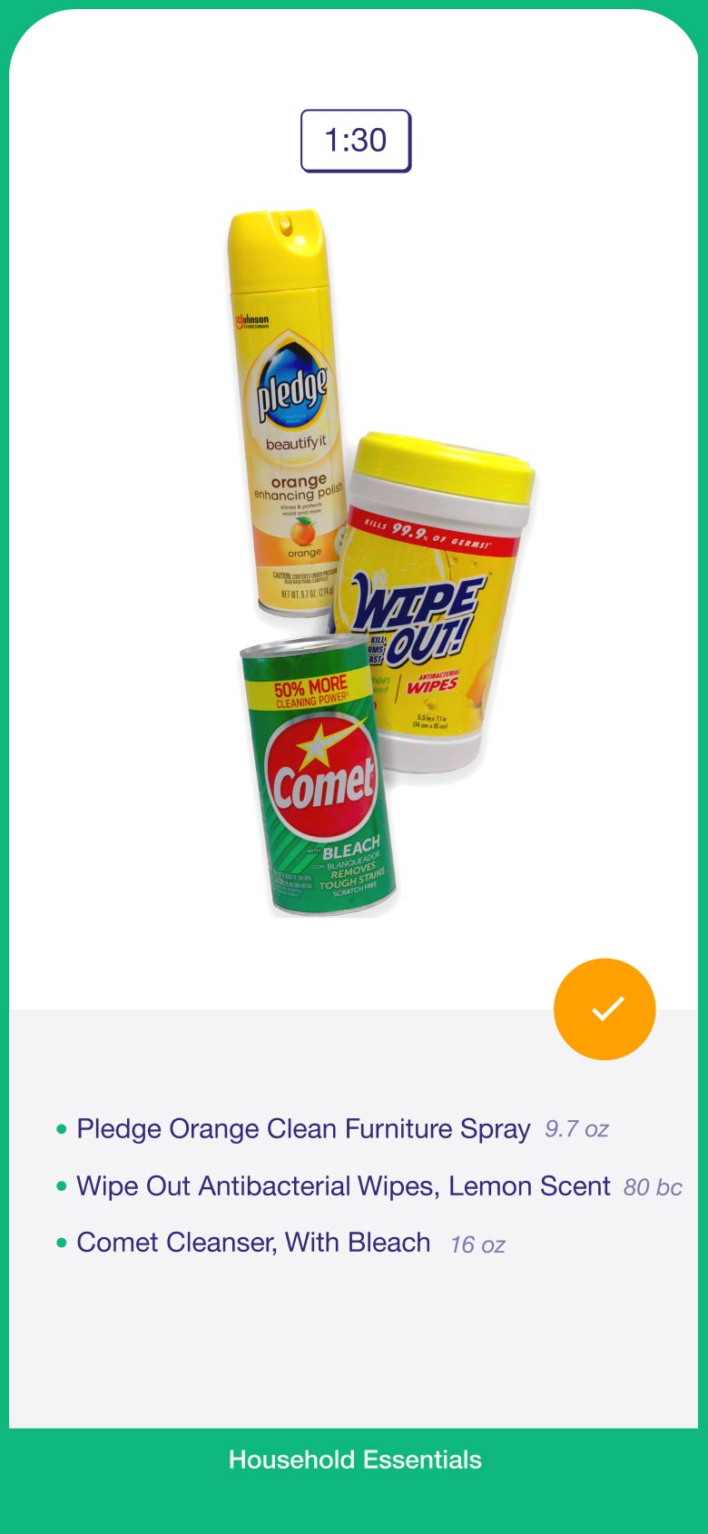 Laundry and cleaning bundle number 1: Pledge furniture spray, antibacterial wipes, and Comet cleanser