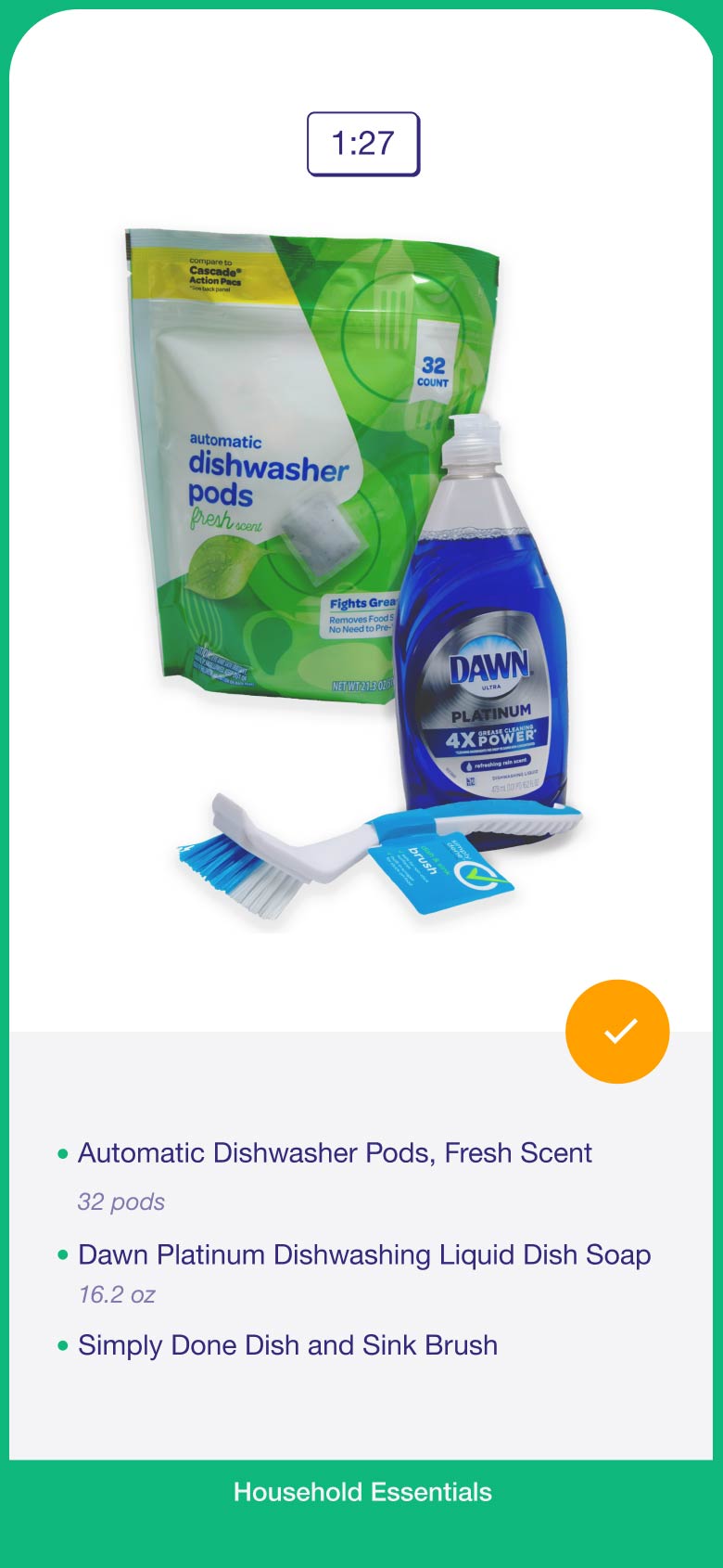 Laundry and cleaning bundle number 2: dishwasher pods, Dawn dish soap, and dish brush