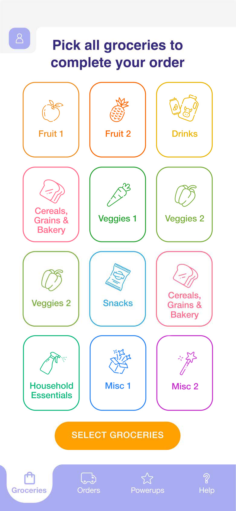 Main menu of the Caboode Groceries app