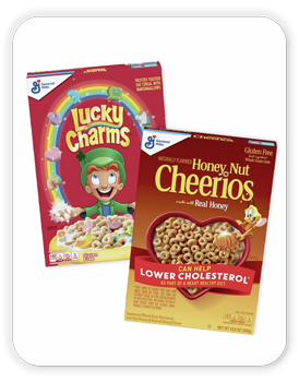 Honey Nut Cheerios, 10.8 oz; Lucky Charms, 10.5 oz.