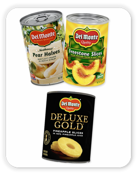 Del Monte Canned Pineapple Chunks, 20 oz; Del Monte Canned Sliced Peaches, 15.25 oz; Del Monte Canned Sliced Pears, 15.25 oz.