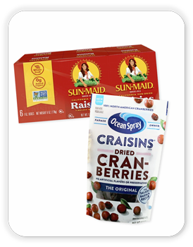 Ocean Spray Dried Cranberries, 6 oz; Sun-Maid Raisins, 6 oz.