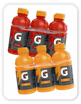 Gatorade 12 oz Orange, six pack; Gatorade 12 oz Fruit Punch, six pack.