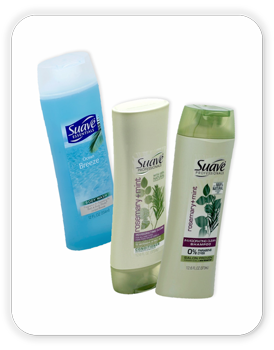 Suave Shampoo, 12.6 fl oz; Suave Conditioner, 12.6 fl oz; Suave Body Wash, 12 fl oz.