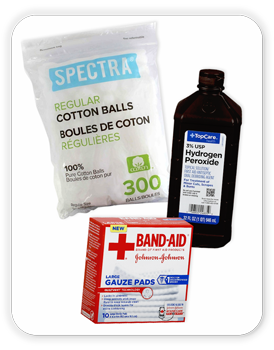 Band-Aid Bandages, 3 pcs; Topcare Hydrogen Peroxide, 32 fl oz; Spectra Cotton Ball Regular, 300 pcs.