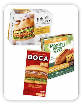 Boca Vegan Chicken Patties, 10 oz; Dr Praegers Veggie Burgers, 10 oz; Morningstar Farms Meatless Hot Dogs, 8.4 oz