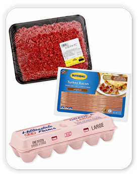 Ground Beef, 3 lb; Butterball Turkey Bacon, 12 oz; Hillendale Farm Eggs, one dozen.