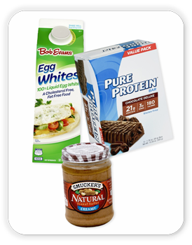 Pure Protein Bars, 10.58 oz; Smuckers Creamy Peanut Butter, 16 oz; Bob Evans Egg Whites, 32 oz.