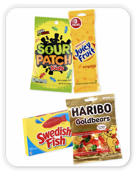 Swedish Fish Theater Box, 3.1 oz; Sour Patch Kids, 8 oz; Haribo Goldbears, 5 oz; Juicy Fruit 3 Pack