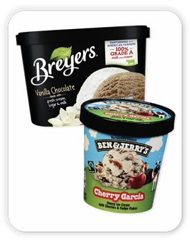 Breyer’s Ice Cream Vanilla/ Chocolate, 1.5 quart; Ben & Jerrys Cherry Garcia, 16 oz.