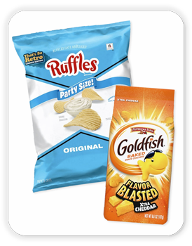 Ruffles Potato Chips, 13 oz; Pepperidge Farms Goldfish Crackers, 6.6 oz.