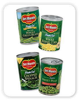 Del Monte Canned Green Beans, 14.5 oz; Del Monte Canned Sweet Peas, 15 oz; Del Monte Canned Corn. 15.25 oz; Del Monte Canned Spinach, 13 oz.