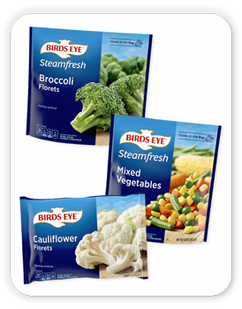 Birds Eye Frozen Mixed Vegetables, 10 oz; Birds Eye Frozen Broccoli, 10.8 oz; Birds Eye Frozen Cauliflower, 14.4 oz.