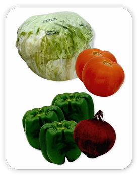 Iceberg lettuce, 2 tomatoes, 3 bell peppers, 1 red onion